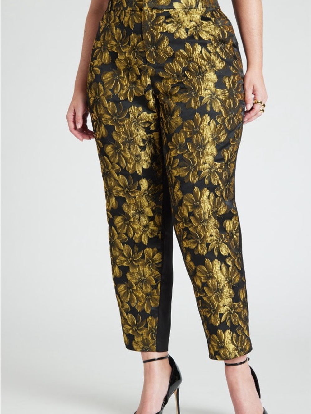 Eloquii Black and Gold Floral Ankle Pants